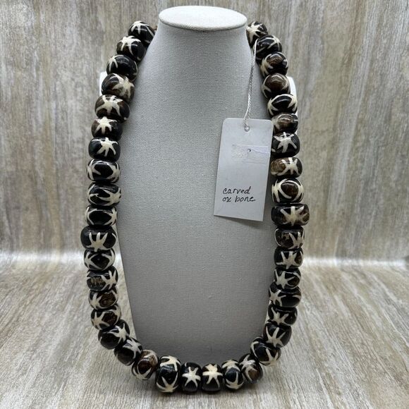 Bohemian Chunky Wood Bead Necklace - Ethnic African Coconut Shell Statement Collar Bib, Layered Long Strand